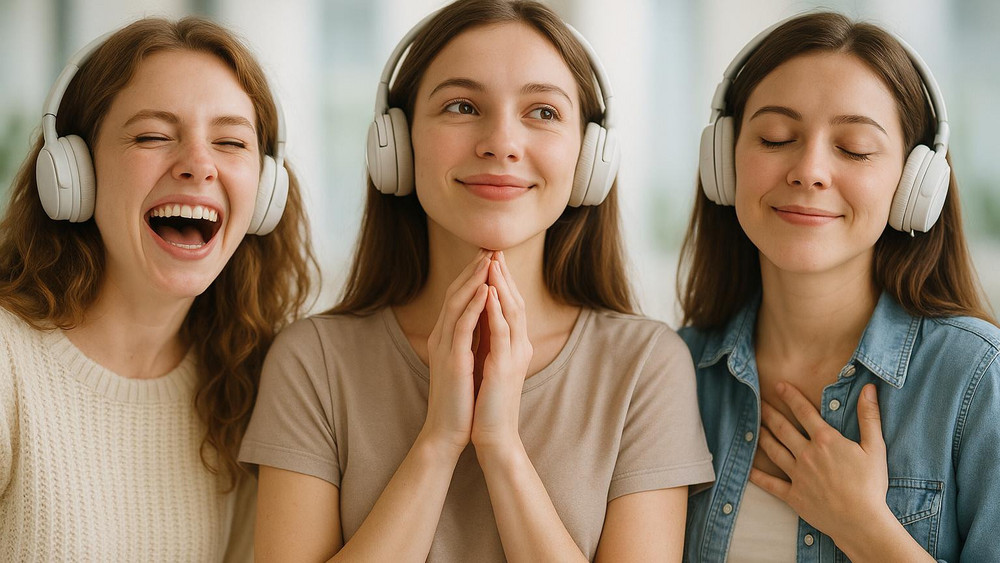 Emotionale Radiowerbung, drei Frauen hören begeistert Radio, KI-Symbolbild