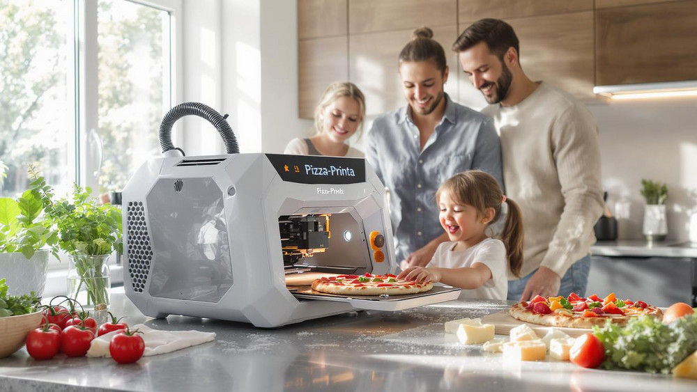 Pizza-Printa: 3D-Drucker druckt Pizza, Fantasie-Produkt der Radio Creator AI-Tools